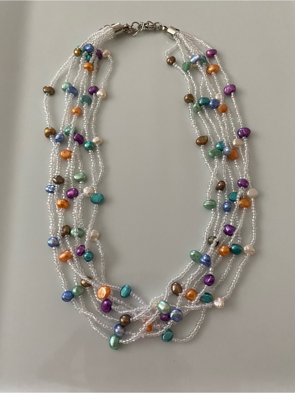 Multistrand White Seed Bead Necklace with Multicolor Pearls